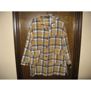 Womens HYFVE Long Plaid Flannel Jacket Shirt Multicolor Frayed BOHO Look Size L